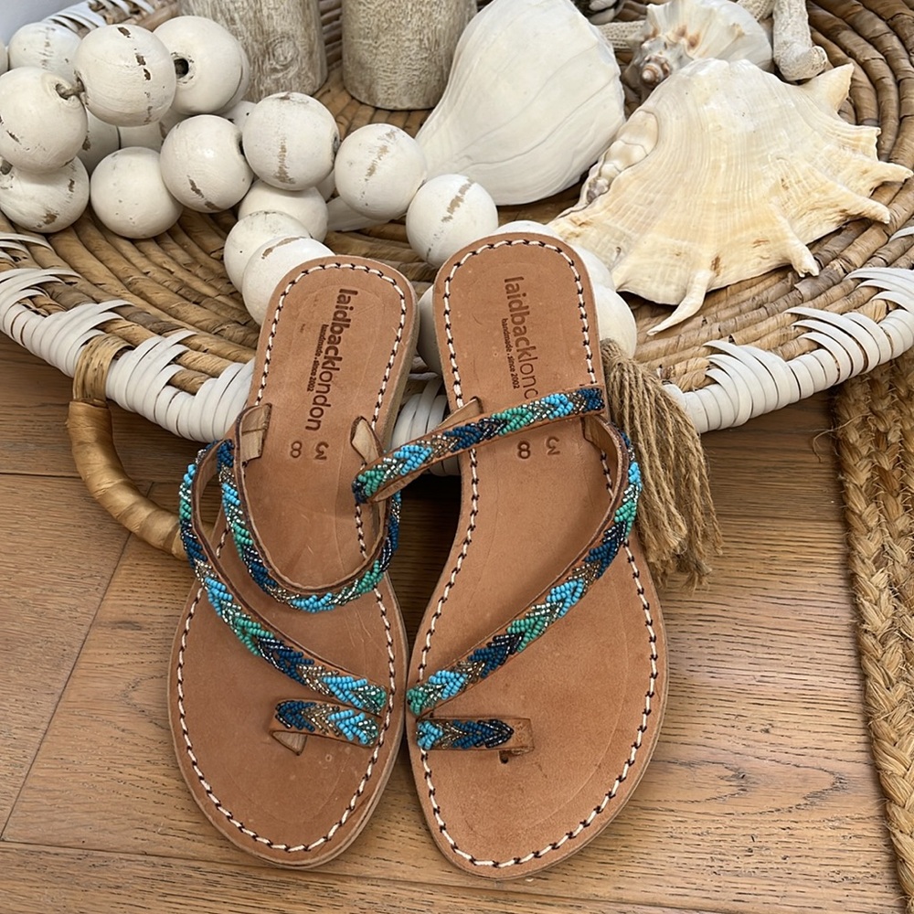 Anthropologie New laidback London hand embellished flat sandal Pool Party Boho🌈 - Picture 6 of 12